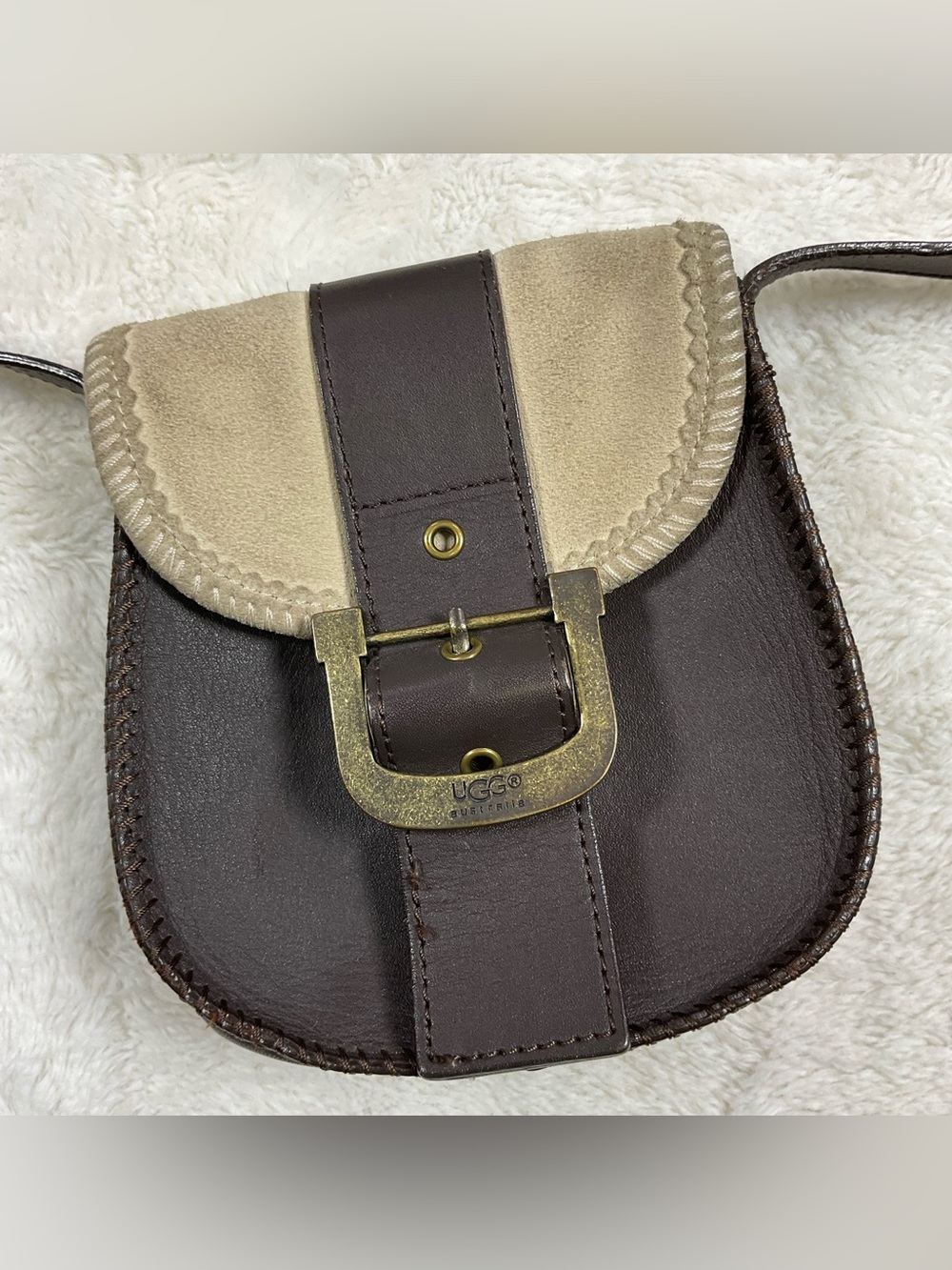 UGG Australia Brown Leather Suede Crossbody Bag Small Saddle Purse Whipstitch